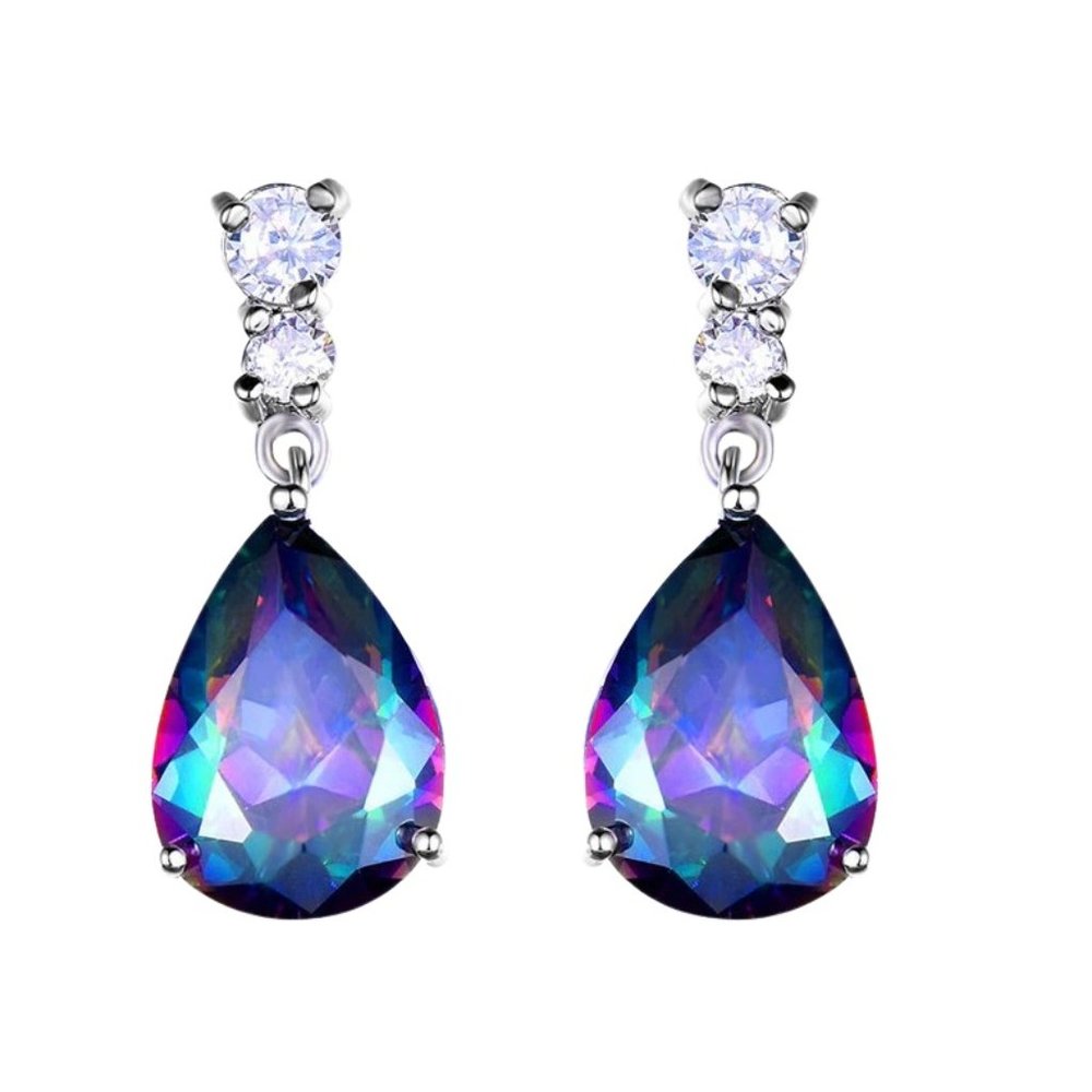 18k White Gold Mystic Rainbow Topaz with Simulated Diamonds Earrings - Picture 3 of 3